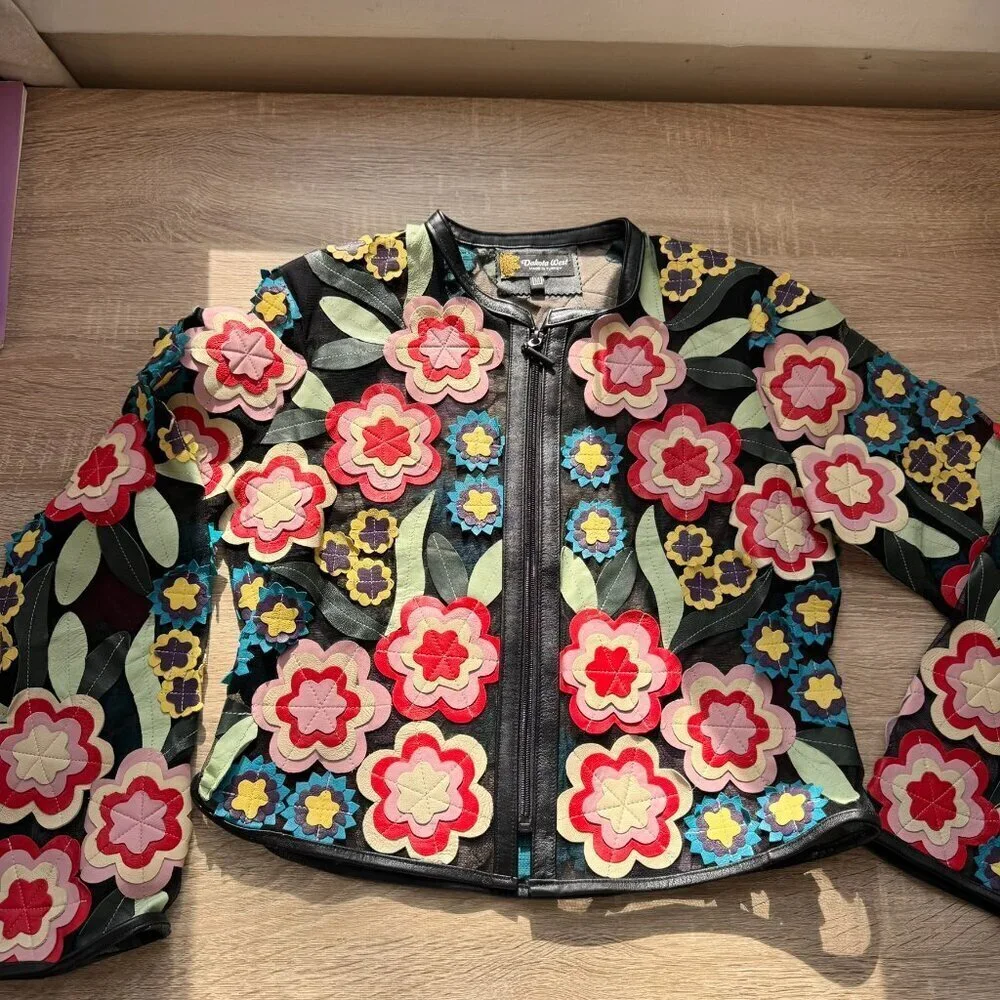 Dakota West Short Art Deco Leather Jacket Black Floral Medium
